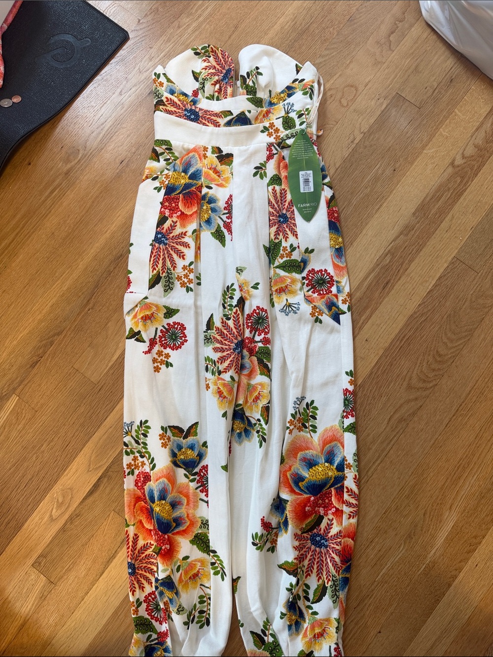 FARM Rio Strapless White Jumpsuit with Multicolor Floral Print